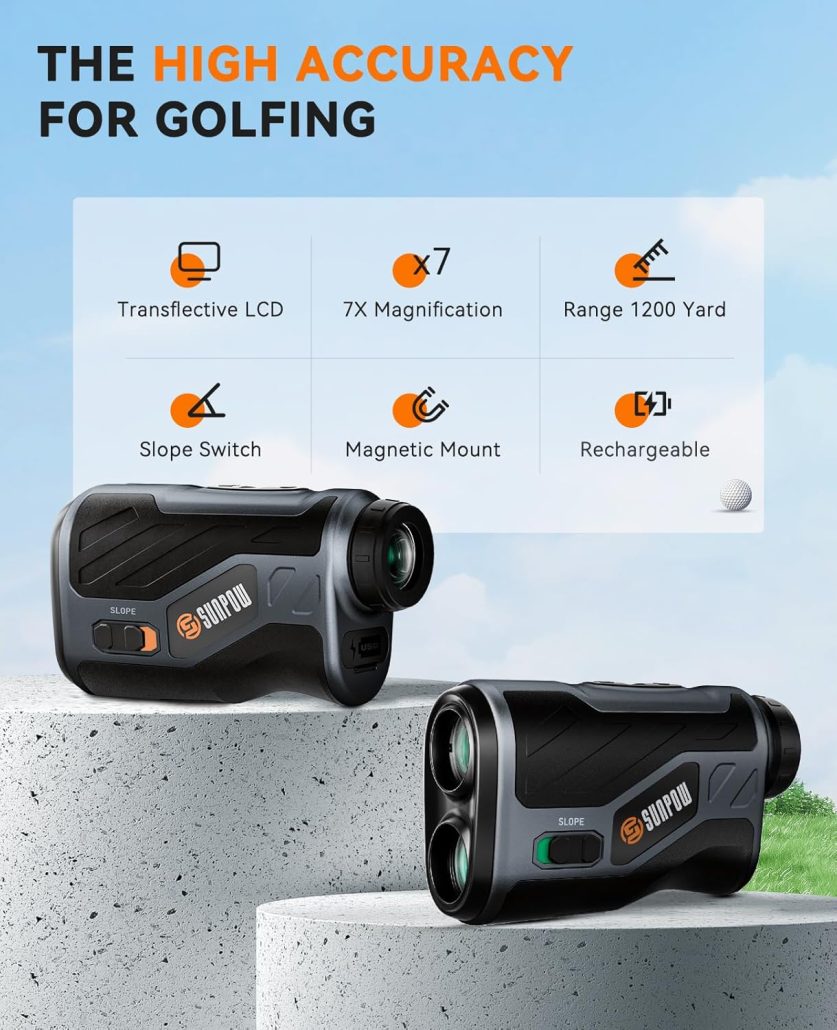 SUNPOW Golf Rangefinder with Slope, High Precision Laser Range Finder for Golfing/Hunting, 1200 Yards, 7X Magnification, Flag Pole Locking Vibration, Rechargeable Range Finders with Magnet Stripe