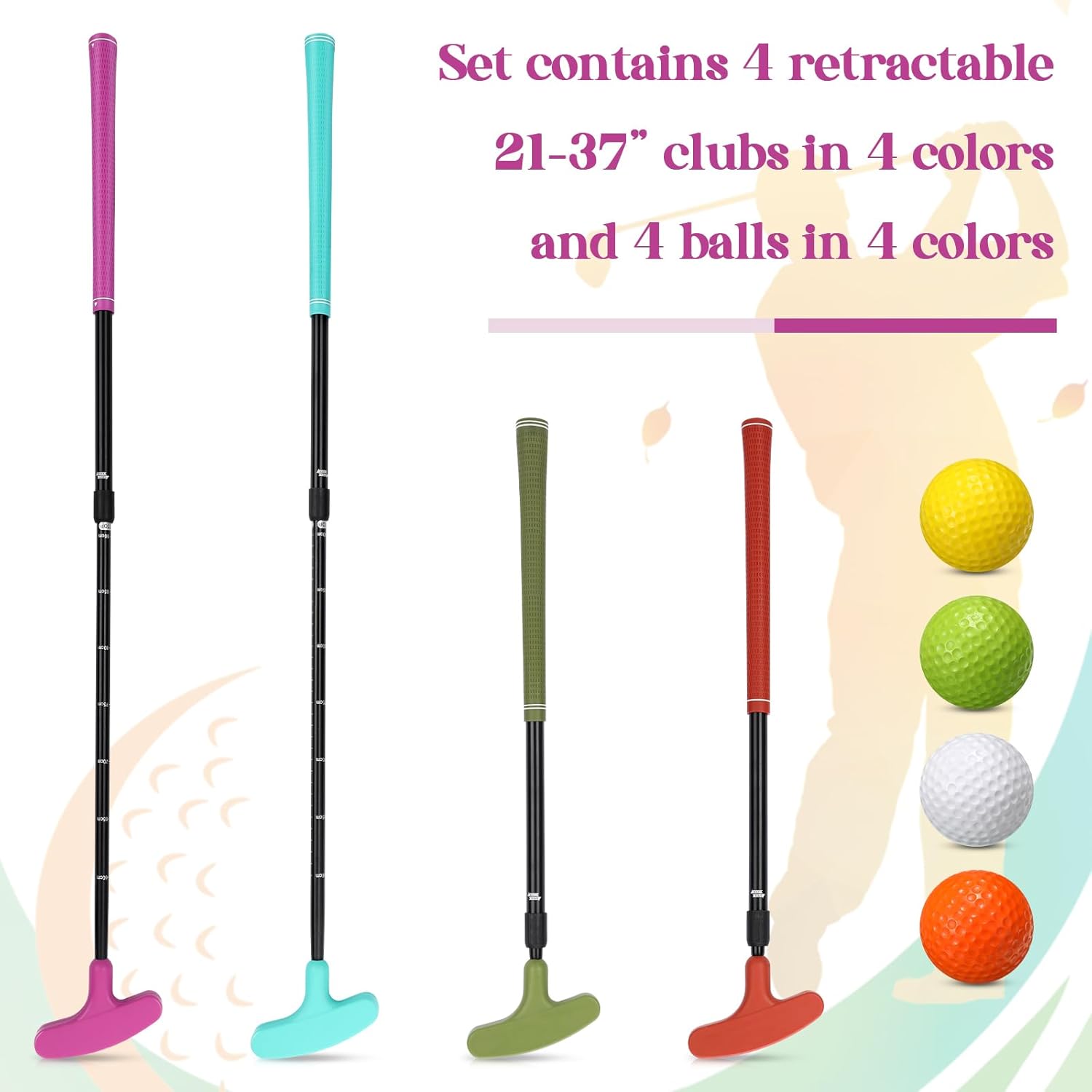 Hiboom 4 Pack Golf Putters for Men and Women Two Way Mini Golf Putter with 4 Balls Adjustable Length Kids Putter Bulk Right or Left Handed Golfers for Children Teenager Junior